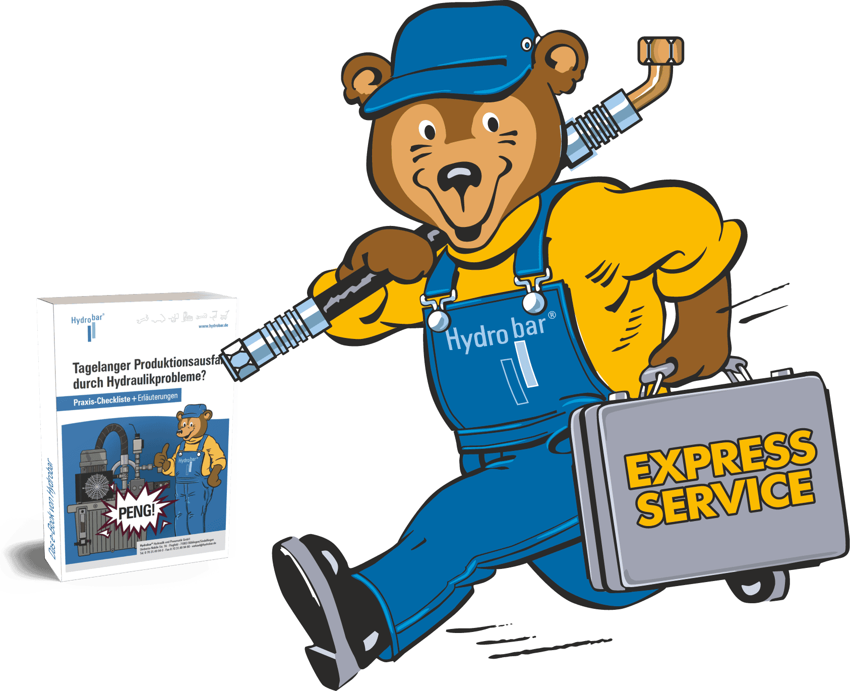 Hydrobär Maskottchen von Hydrobar mit Werkzeug und Express Service Koffer für Hydraulik Service