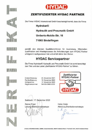 HYDAC Zertifikat als zertifizierter Servicepartner 2023 für Hydrobar