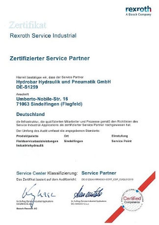 Rexroth Zertifikat als zertifizierter Service Partner für Hydrobar