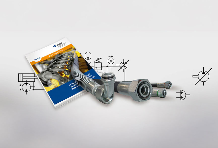 Hydraulikschlauch und Fachbroschüre zum DGUV 113-020 Praxisseminar Hydraulik