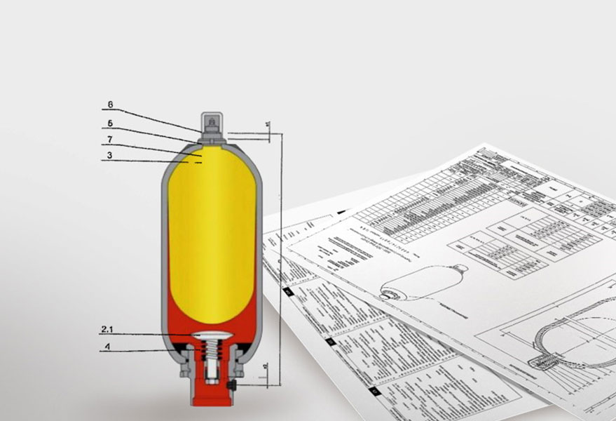 Technische Zeichnung eines Hydrospeichers mit Spezifikationen