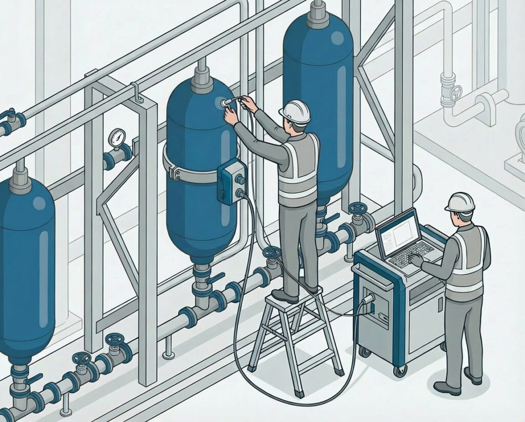 Techniker führen eine Druckbehälterprüfung an hydraulischen Druckspeichern in einer Industrieanlage durch.