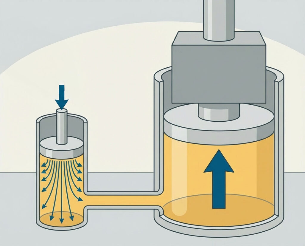 Hydraulik-Grundlagen-Seminare: Schema zum Pascal-Prinzip der Hydraulik mit zwei Zylindern und Druckübertragung durch Hydrauliköl