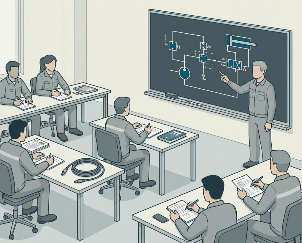 Teilnehmer eines Hydraulik-Grundlagen-Seminars lernen anhand eines Hydraulik-Schaltplans die Funktionsweise hydraulischer Systeme.