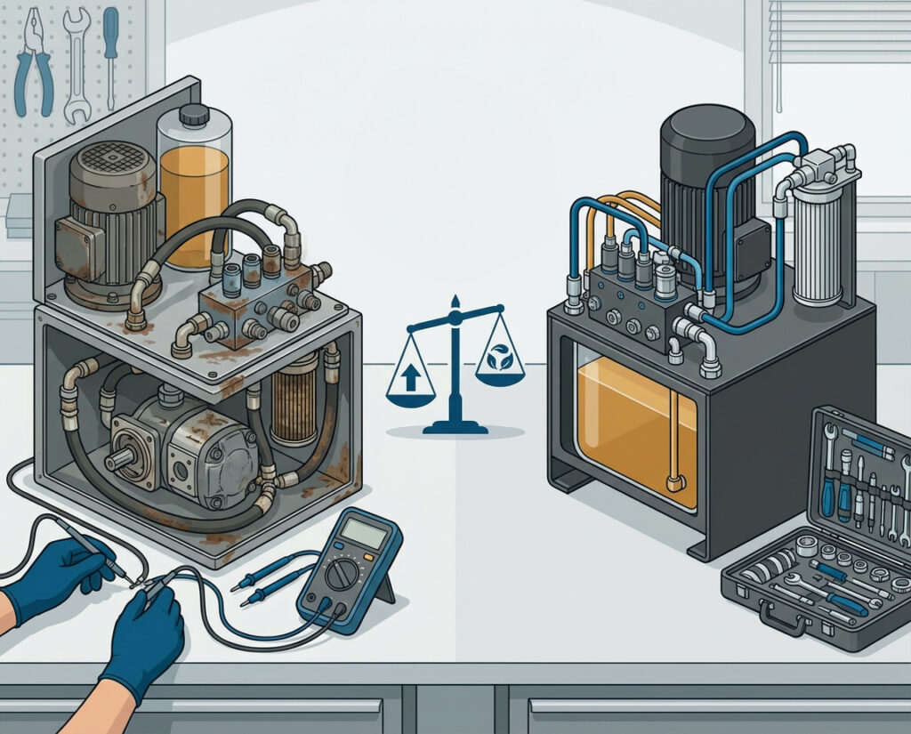 Vergleich zwischen defektem Hydraulikaggregat und neuem Hydraulikaggregat bei der Entscheidung reparieren oder ersetzen