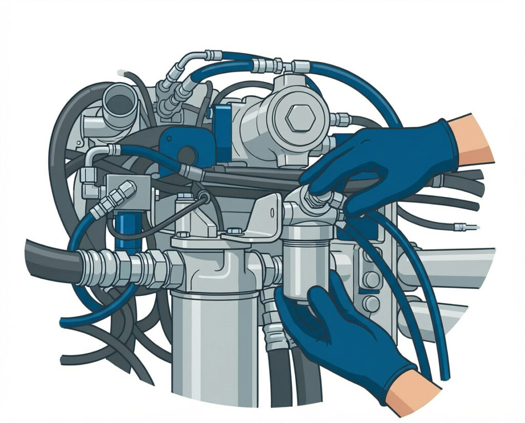 Hydraulikanlage reinigen: Techniker wechselt einen Hydraulikfilter an einer Hydraulikanlage zur Reinigung des Hydrauliköls