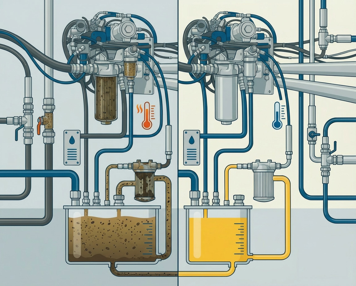 Hydrauliköl wechseln: Vergleich zwischen verschmutztem Hydrauliköl und sauberem Hydrauliköl in einer Hydraulikanlage