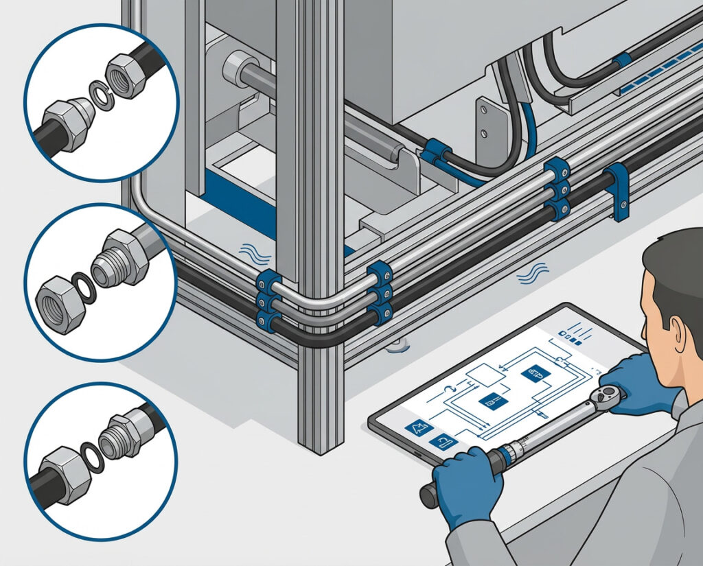 Techniker plant und installiert Hydraulikrohre mit Verschraubungssystemen an einer Industrieanlage