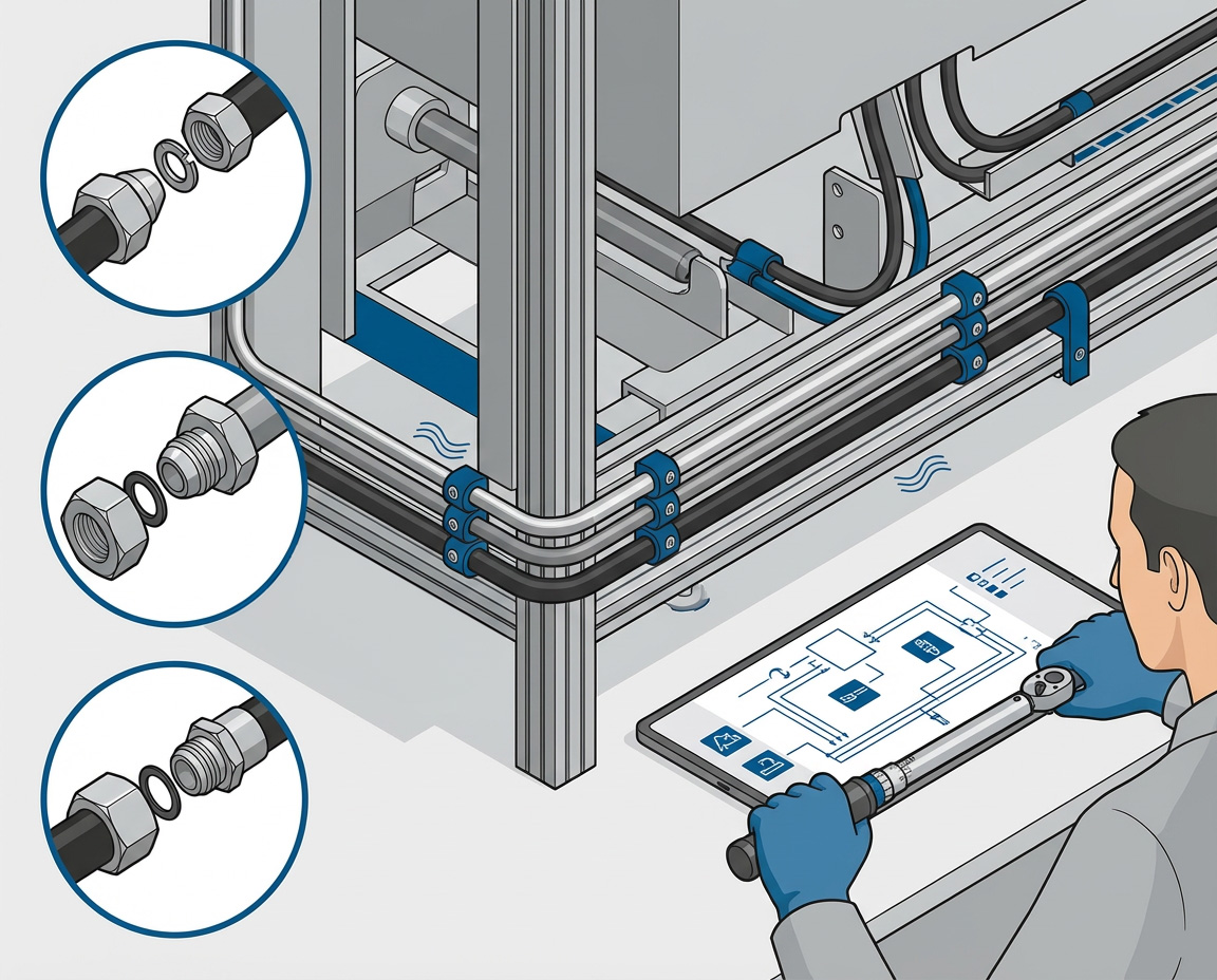 Techniker plant und installiert Hydraulikrohre mit Verschraubungssystemen an einer Industrieanlage