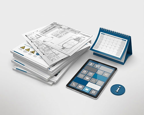 Dokumente, Tablet und Kalender für Hydraulik-Informationen.