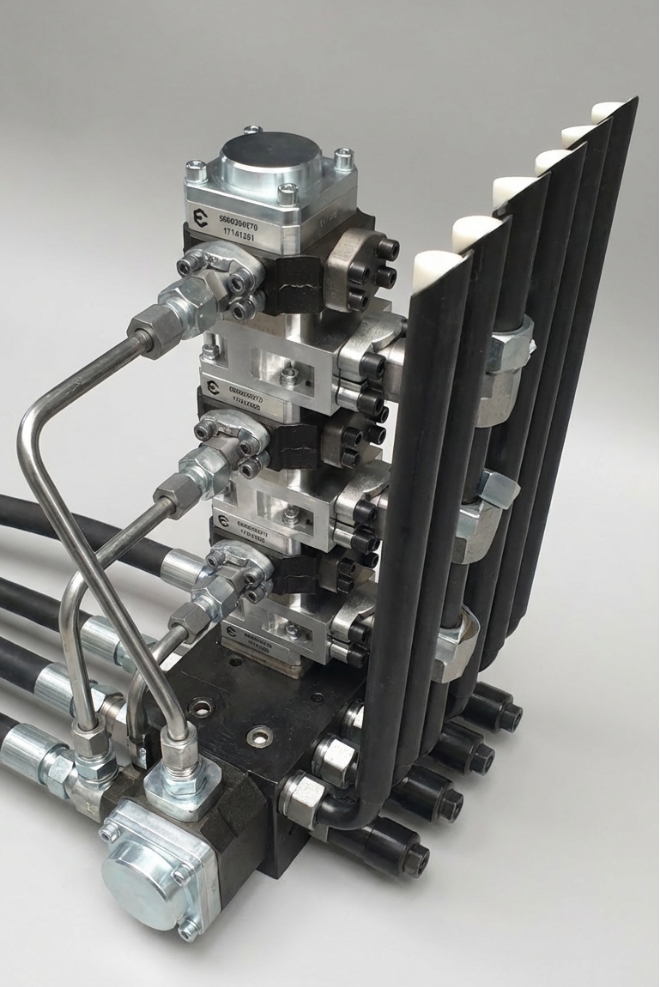 Hydraulikaggregat Ventilblock im Hydraulikaggregate Aggregatebau mit mehreren Ventilen und Hydraulikleitungen