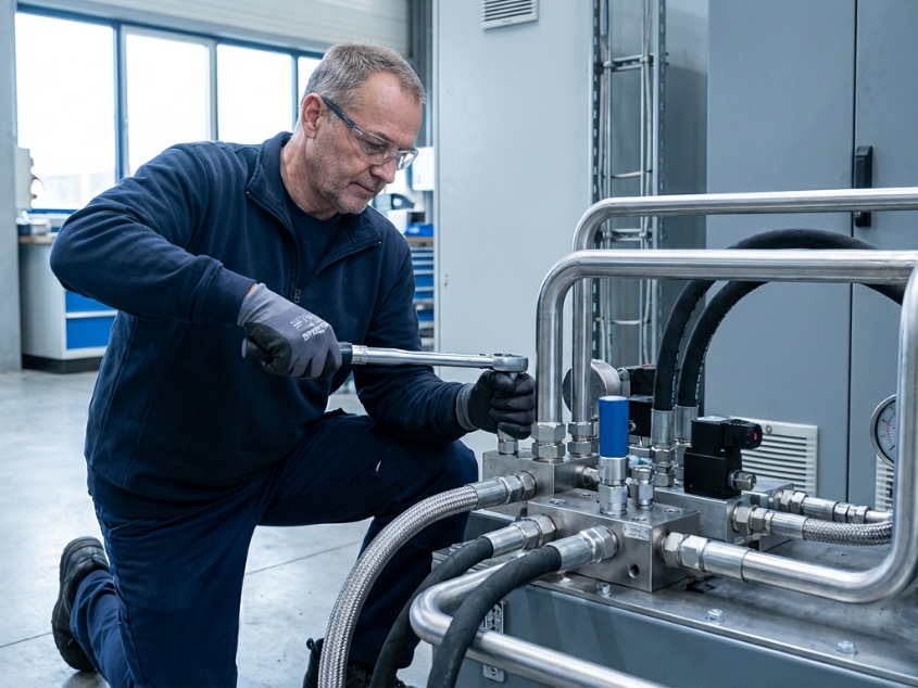 Hydrobar Techniker installiert Hydraulikleitungen an einer Anlage