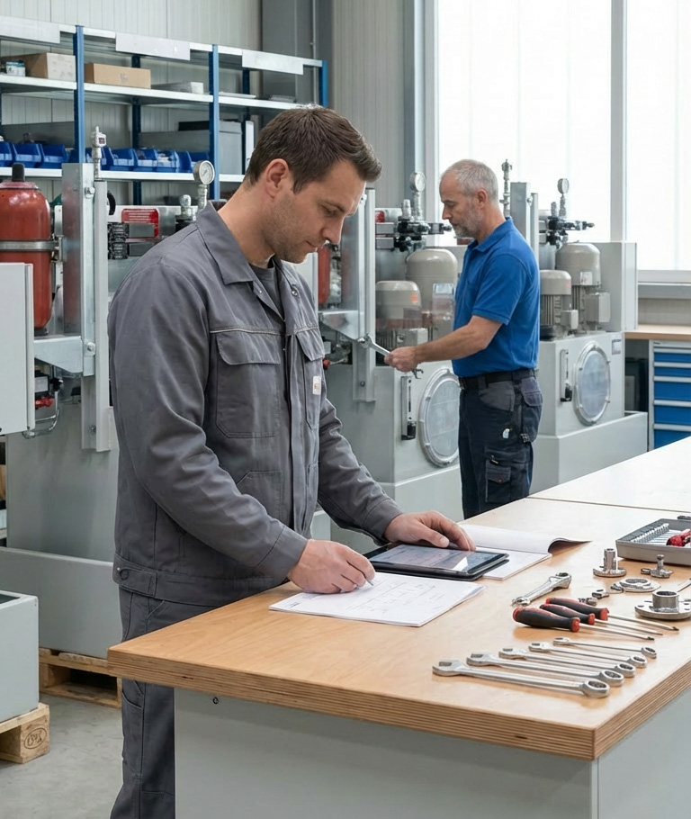 Hydrobar Mitarbeiter arbeiten an Hydraulikanlagen in der Werkstatt