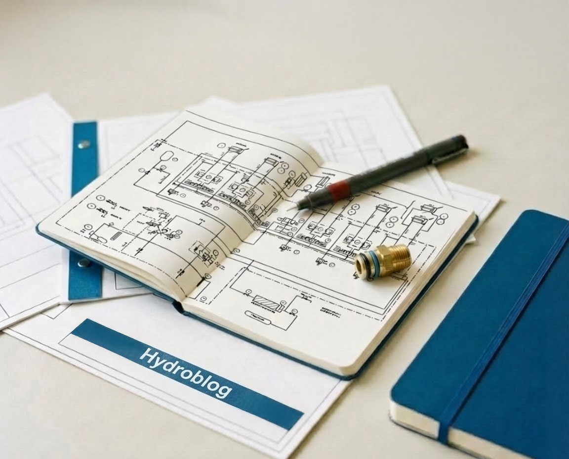 Notizbuch mit Hydraulik-Schaltplan und Anschlussstück