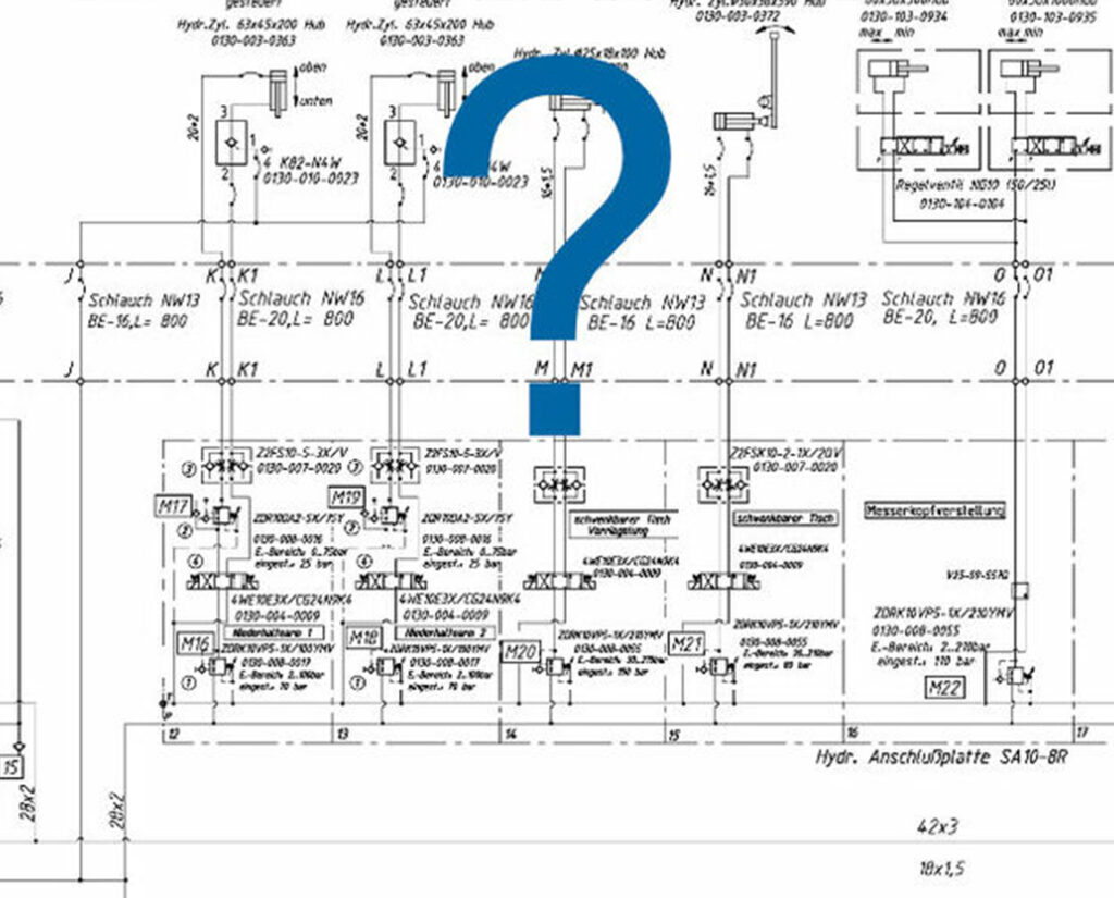 Hydraulik-Schaltplan mit Symbolen, Leitungen und Ventilen nach DIN ISO 1219 zur Erklärung hydraulischer Schaltungen.