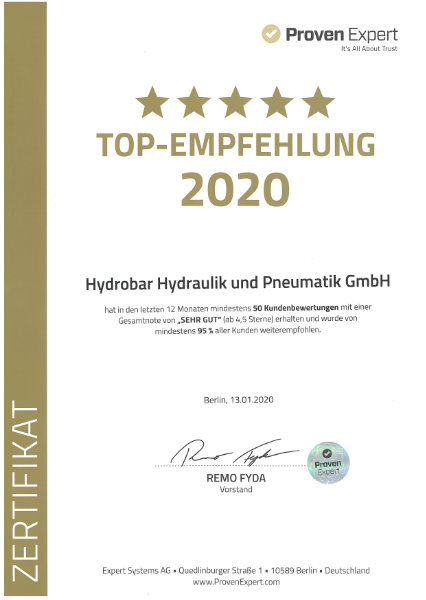 ProvenExpert Zertifikat Top-Empfehlung 2020 für Hydrobar