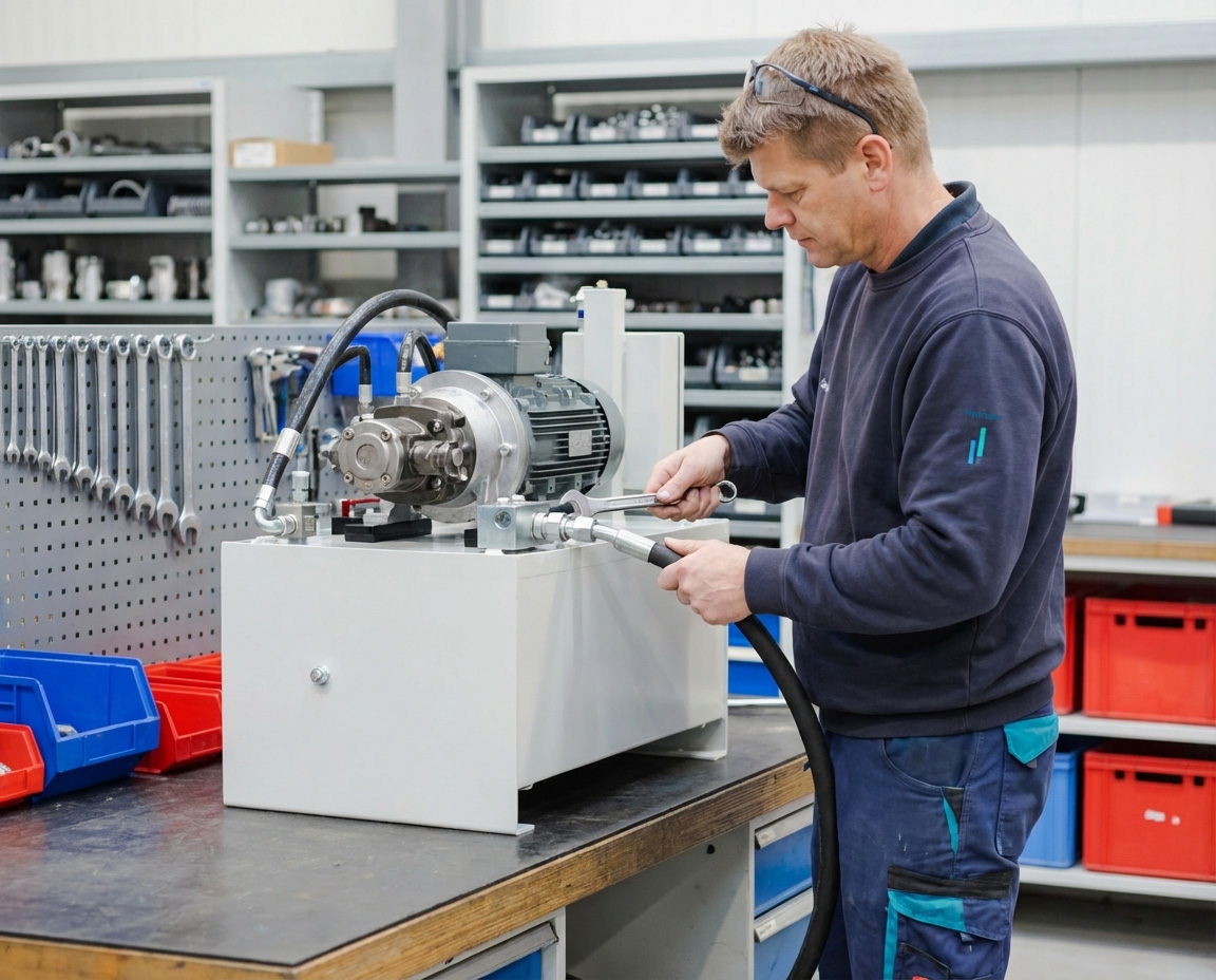 Techniker im Aggregatebau montiert Hydraulikaggregat in der Werkstatt