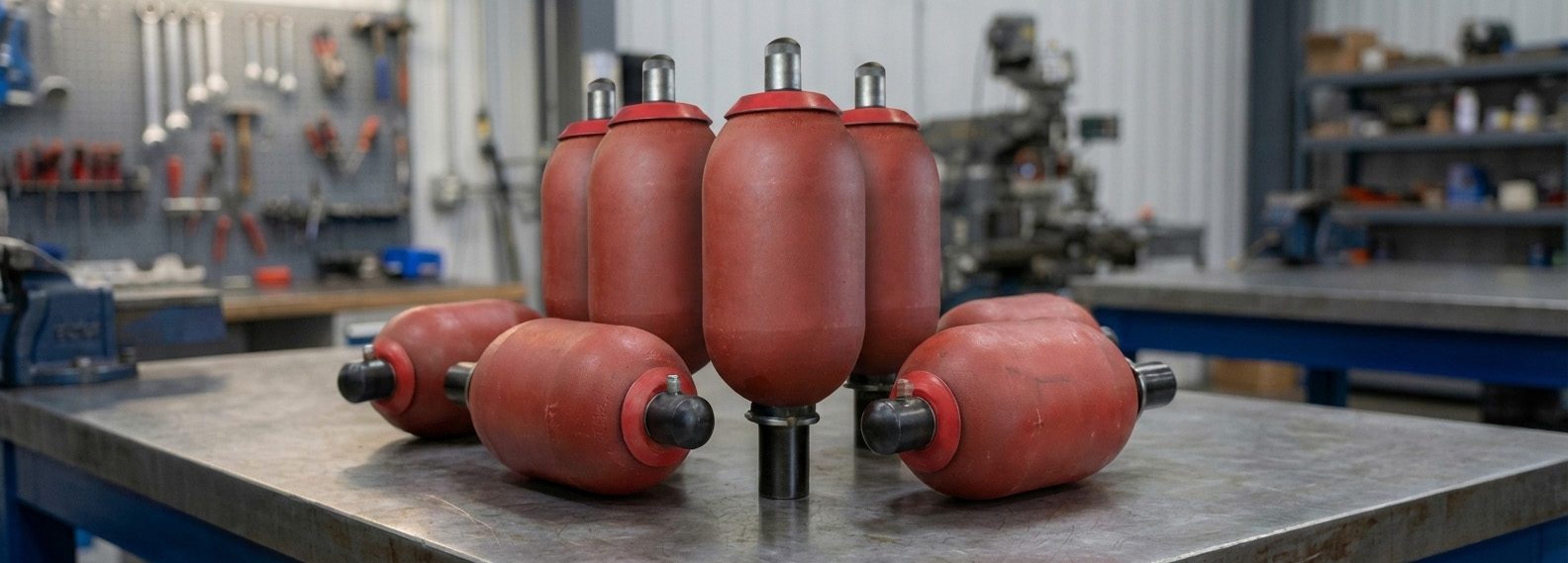 Mehrere HYDAC Blasenspeicher auf Werkbank in einer Hydraulikwerkstatt.