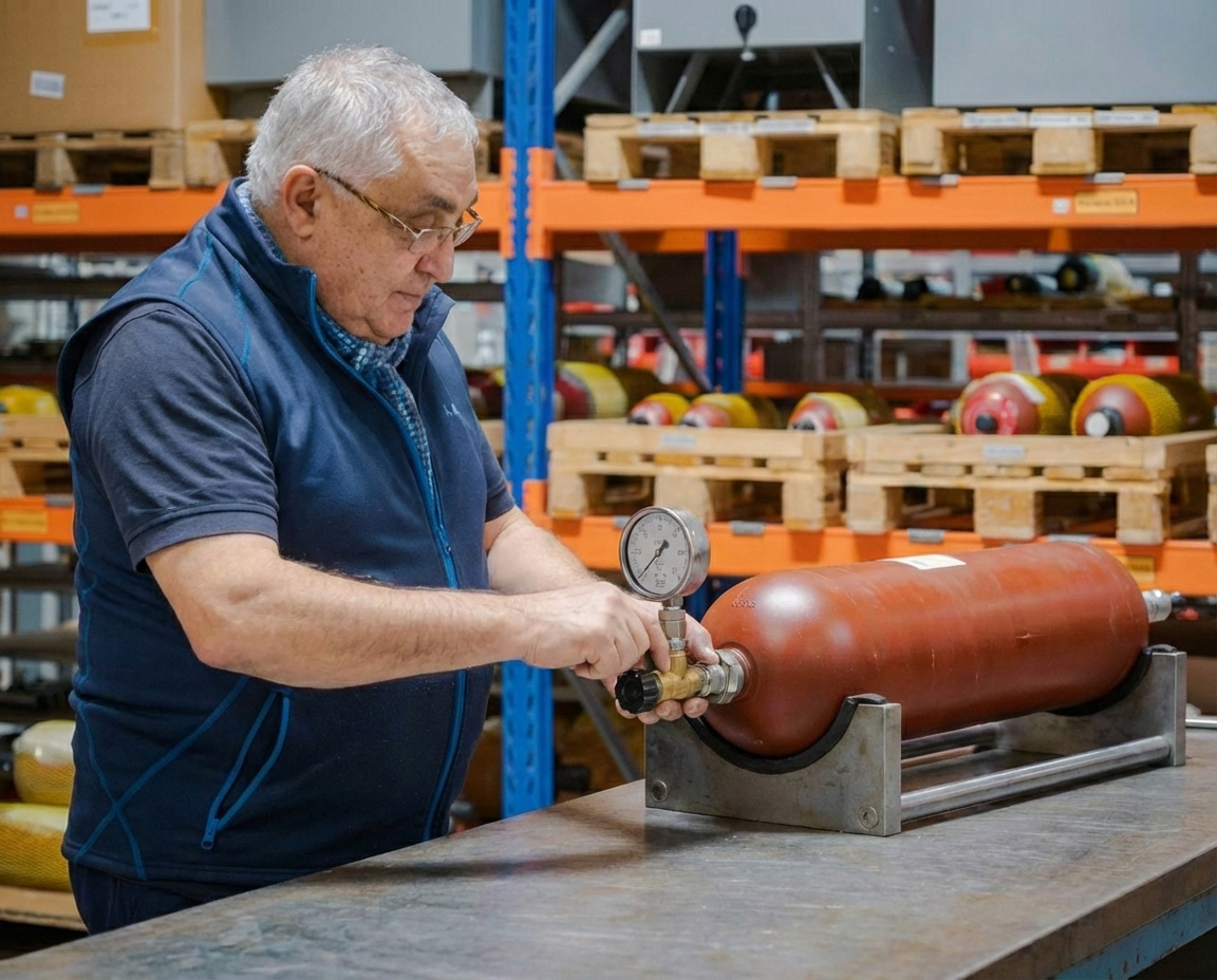 Druckbehälterprüfung an einem Hydraulik-Druckspeicher mit Manometer in der Werkstatt