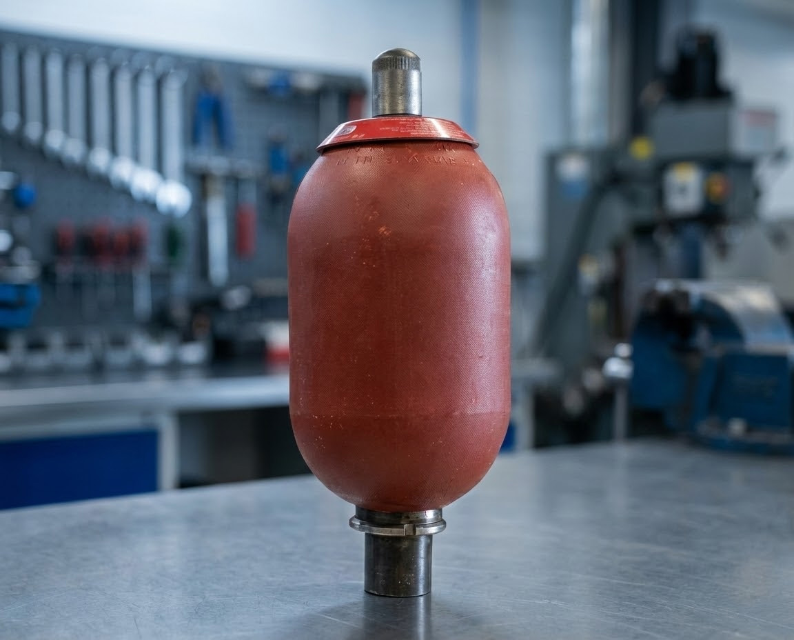 Hydraulischer Blasenspeicher von HYDAC für industrielle Hydraulikanlagen.
