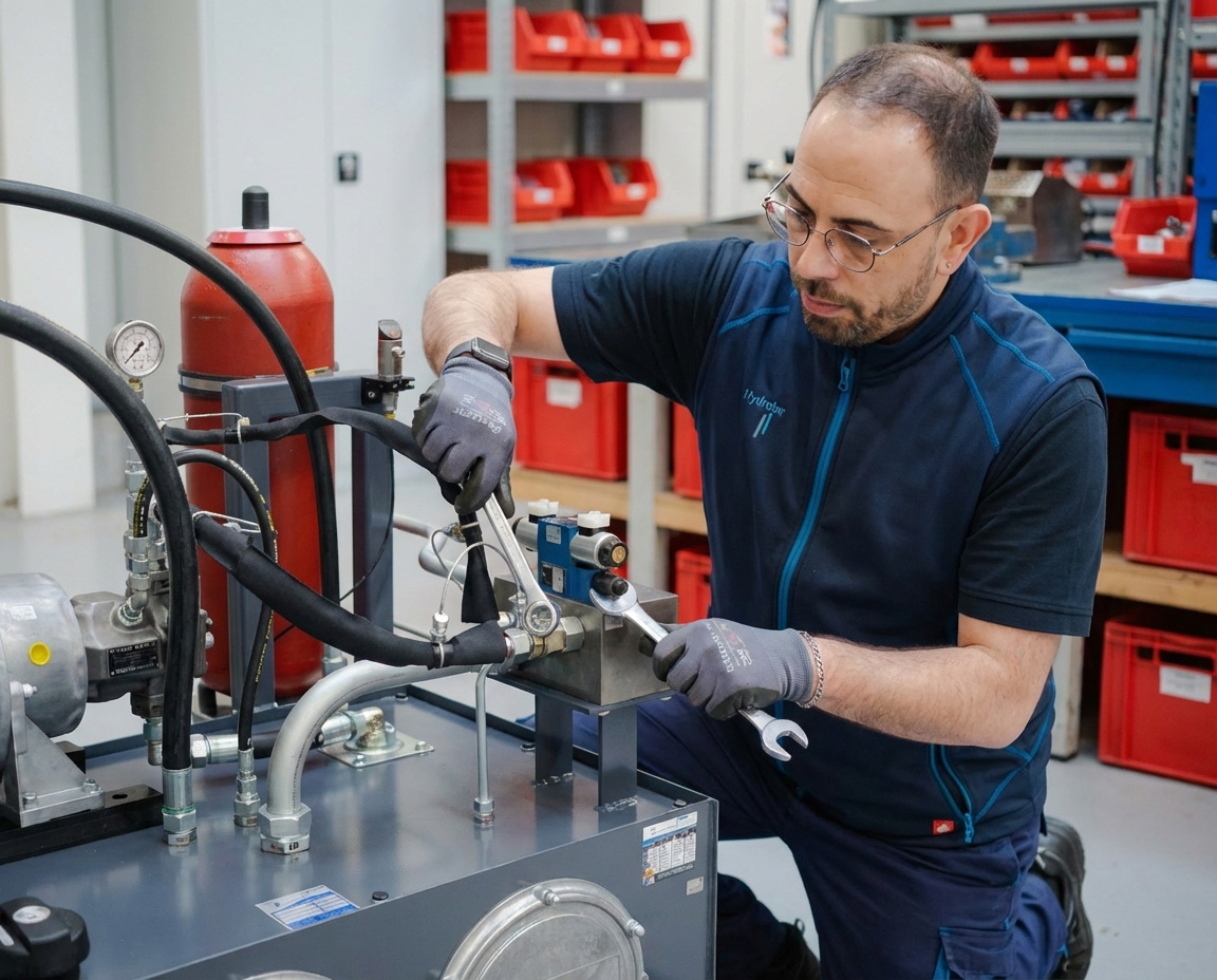 Hydraulikanlagen-Wartung: Servicetechniker prüft Anschlüsse und Ventile an einem Hydraulikaggregat.