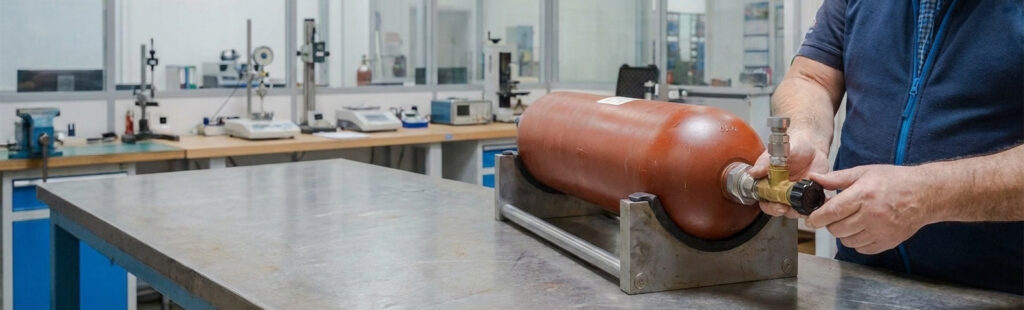 Prüfung eines Hydraulik Druckspeichers in einer Werkstatt