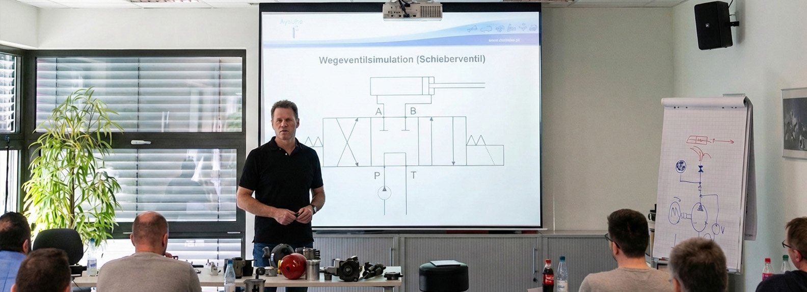 Hydraulik Schulung mit Präsentation eines Wegeventils und Hydrauliksystemschemas