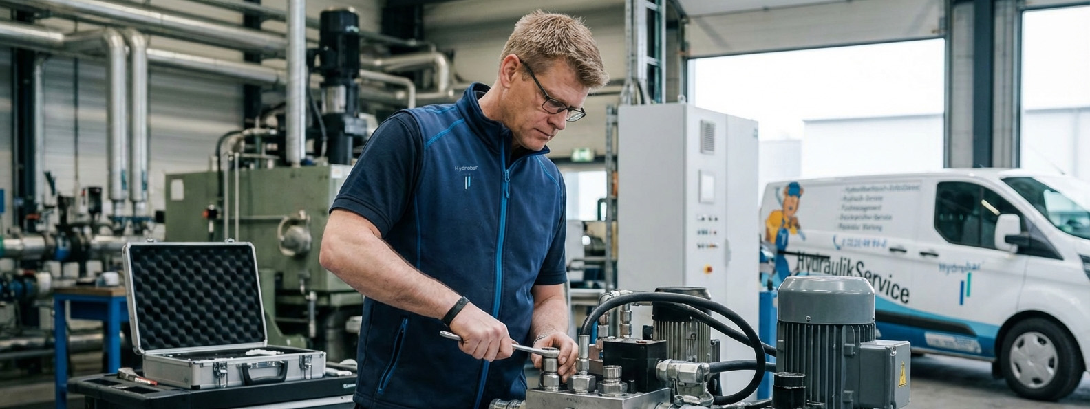 Hydraulik Service Techniker wartet Hydraulikanlage in Industriehalle