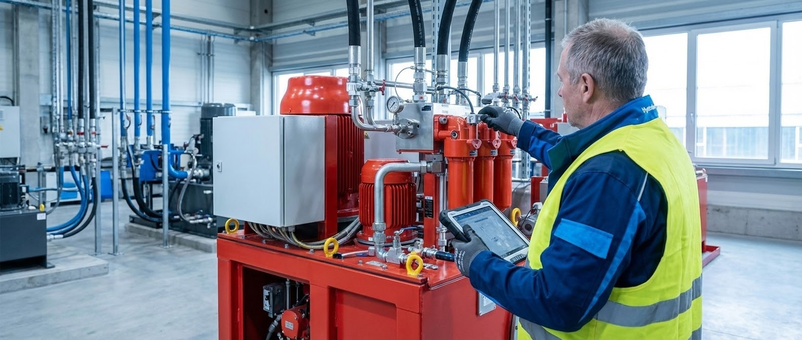 Servicetechniker prüft eine industrielle Hydraulikanlage während einer Hydraulikinstallation und Wartung.