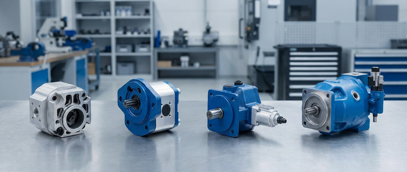 Mehrere Hydraulikpumpen von Bosch Rexroth auf einer Werkbank in einer industriellen Werkstatt.