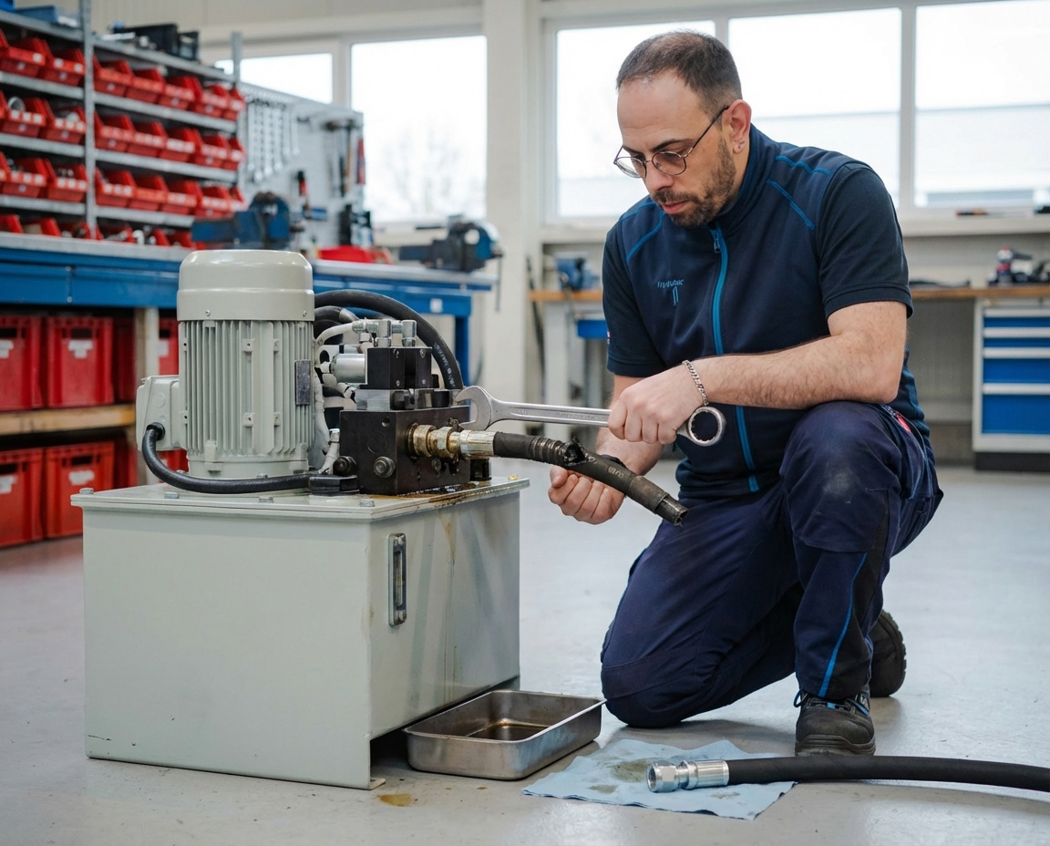 Hydraulikreparatur: Servicetechniker repariert eine Hydraulikleitung an einem Hydraulikaggregat.