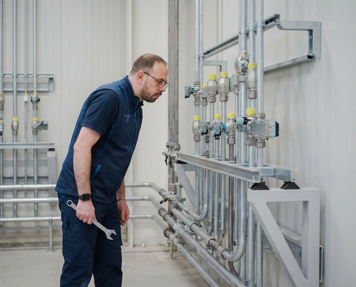 Hydraulik-Installation: Techniker prüft Rohrleitungen und Ventile einer Hydraulikanlage