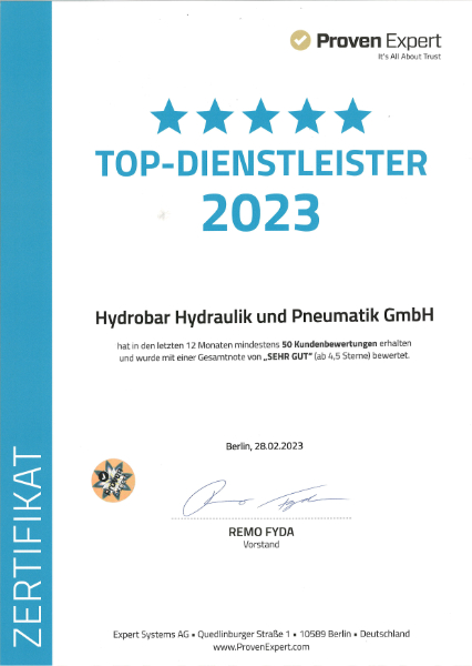 ProvenExpert Zertifikat Top-Dienstleister 2023 für Hydrobar