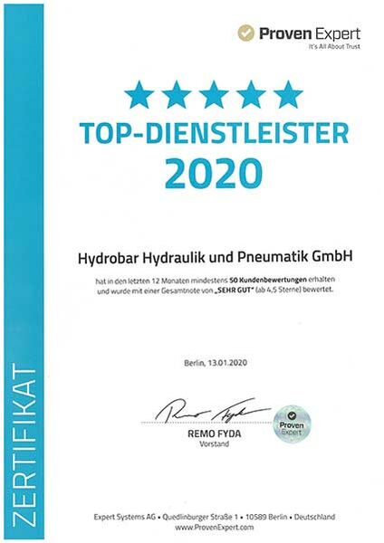 ProvenExpert Zertifikat Top-Dienstleister 2020 für Hydrobar