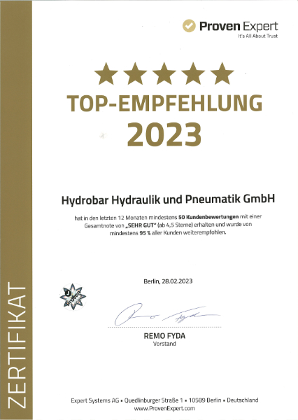 ProvenExpert Zertifikat Top-Empfehlung 2023 für Hydrobar