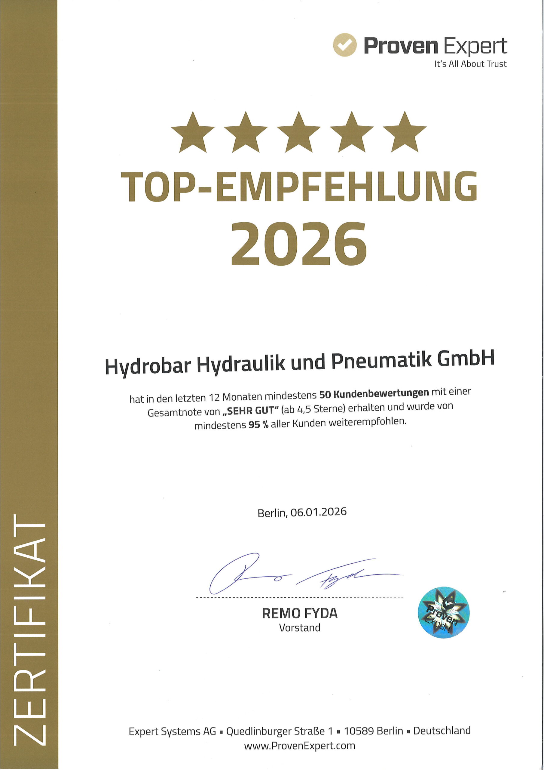 ProvenExpert Zertifikat Top-Empfehlung 2026 für Hydrobar