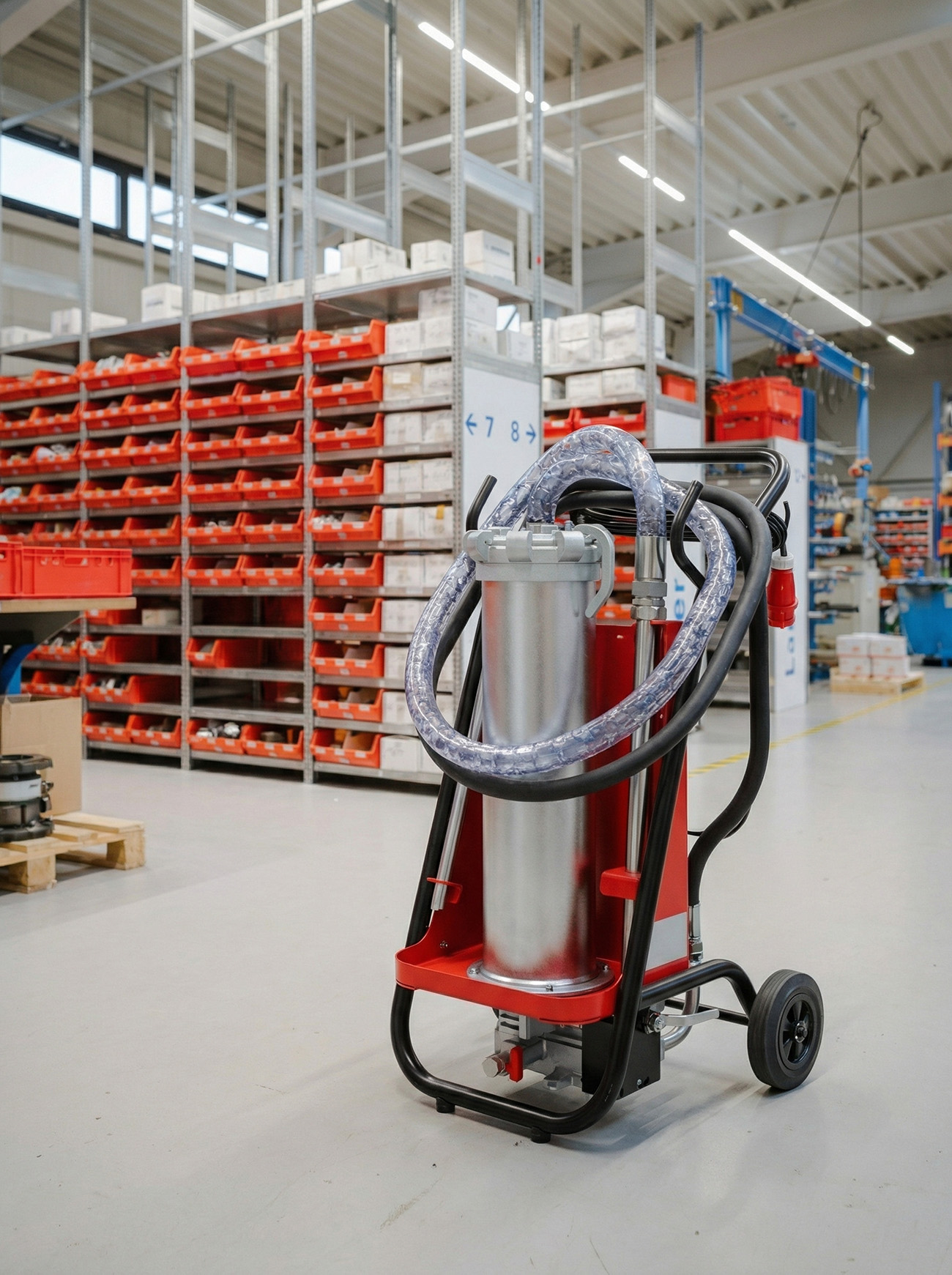 Mobiles Hydraulik-Filteraggregat MFU-60 zur Ölpflege in einem industriellen Lagerbereich.