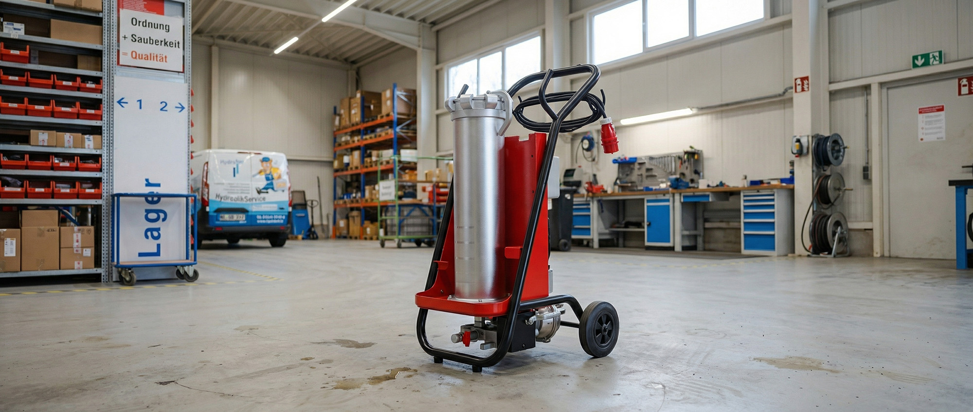 Mobiles Hydraulik-Filteraggregat aus dem Mietgerätepools von Hydrobar in einer Werkstatt.