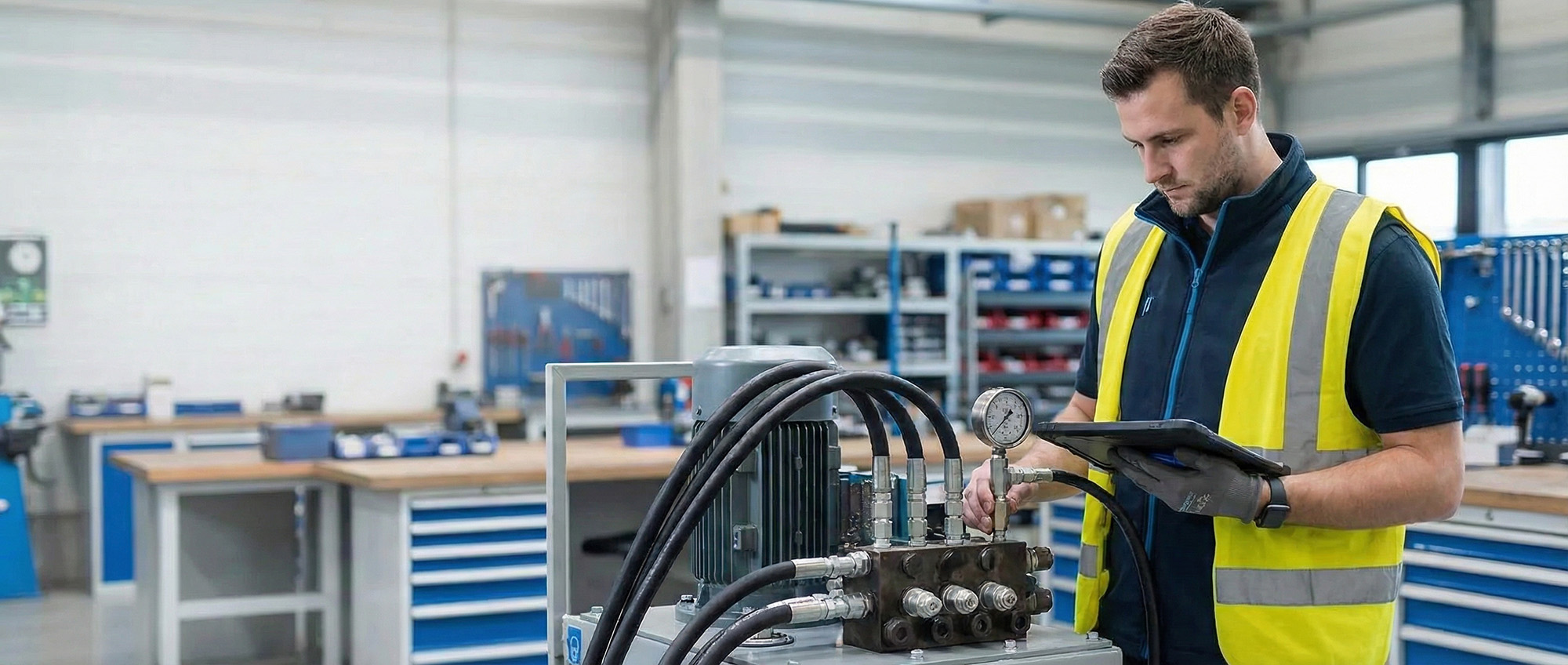 Techniker prüft eine Hydraulikanlage mit Tablet und Manometer im Rahmen der Anlagen-Wartung in einer Werkstatt.