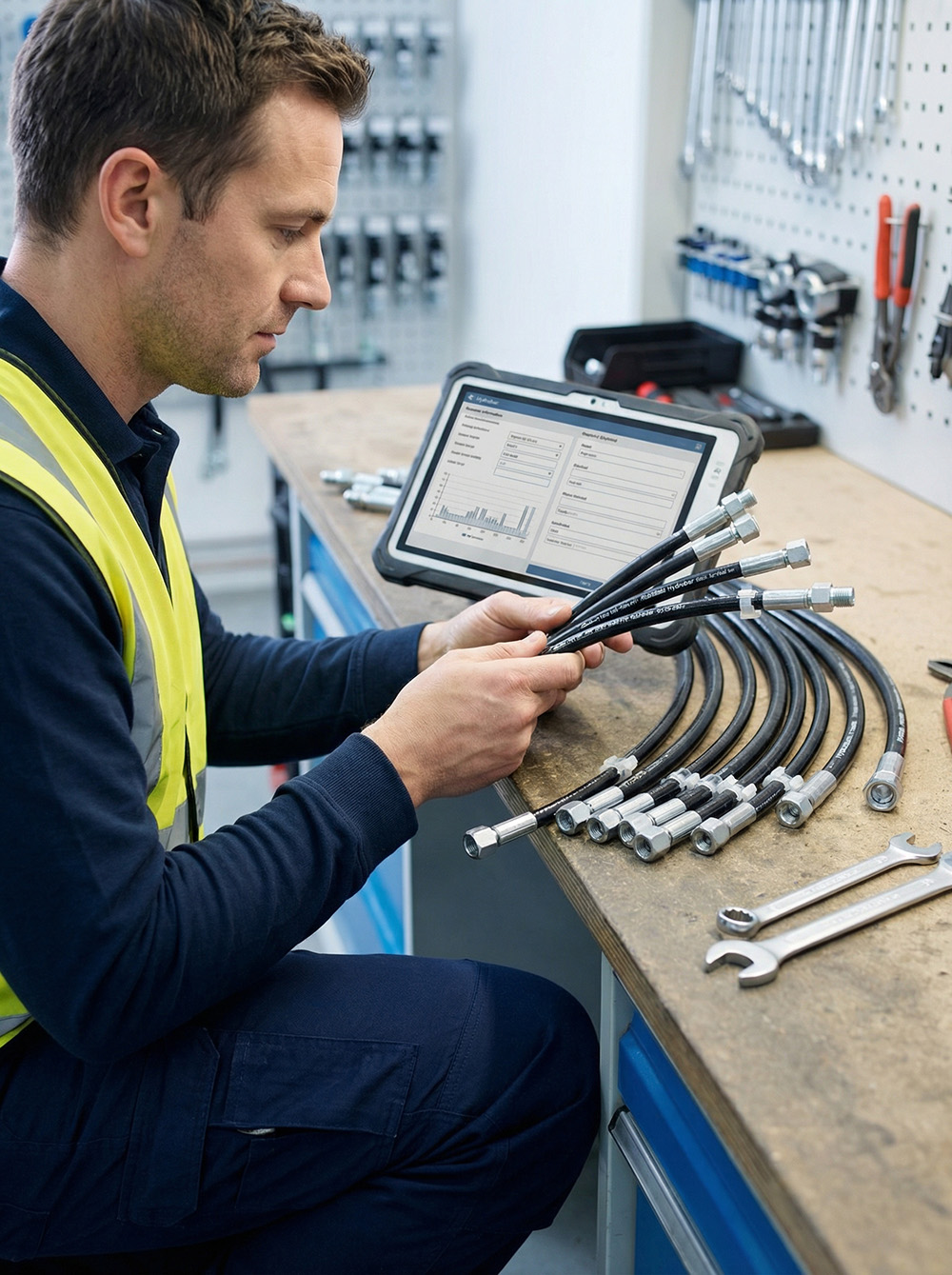 Techniker prüft Hydraulikschläuche und dokumentiert die Ergebnisse digital im Rahmen einer DGUV-Prüfung nach DGUV 113-020.