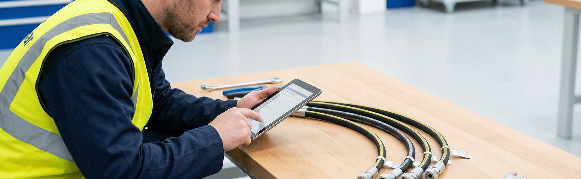 Techniker dokumentiert die Prüfung von Hydraulikschläuchen mit einem Tablet im Rahmen der DGUV-Prüfung nach DGUV 113-020.