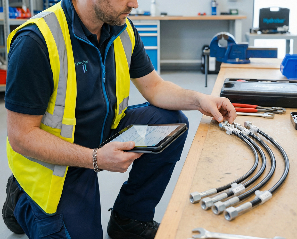 DGUV-Prüfung 113-020: Servicetechniker prüft Hydraulikleitungen und Verschraubungen.