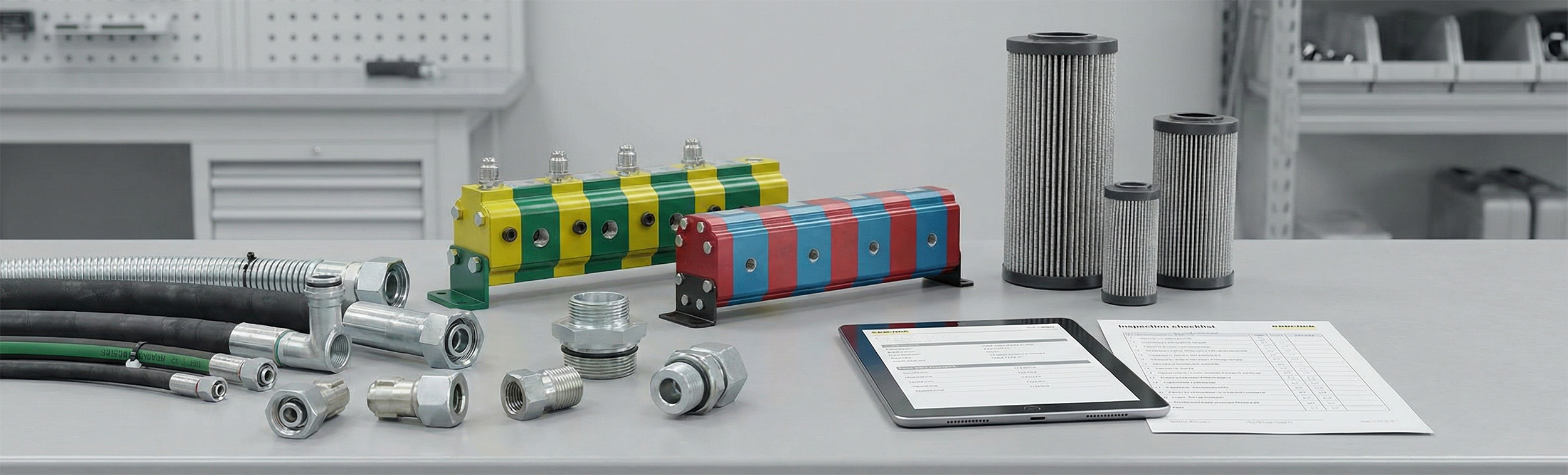Auswahl an Hydraulik Ersatzteilen wie Schlauchleitungen, Filter, Verschraubungen und Mengenteiler