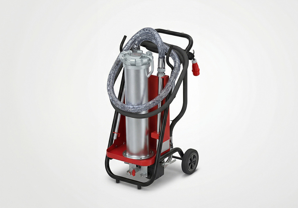Mobiles Hydraulik-Filteraggregat MFU-60 zur Ölpflege und Filtration von Hydrauliköl auf Transportwagen.