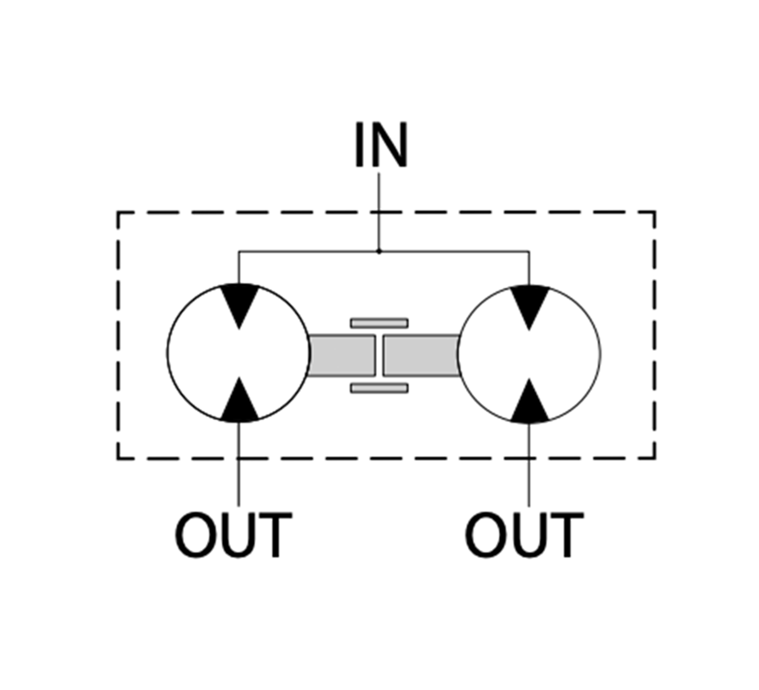 Hydraulik-Mengenteiler ohne Phasenausgleichsventile mit einem Eingang und zwei Ausgängen