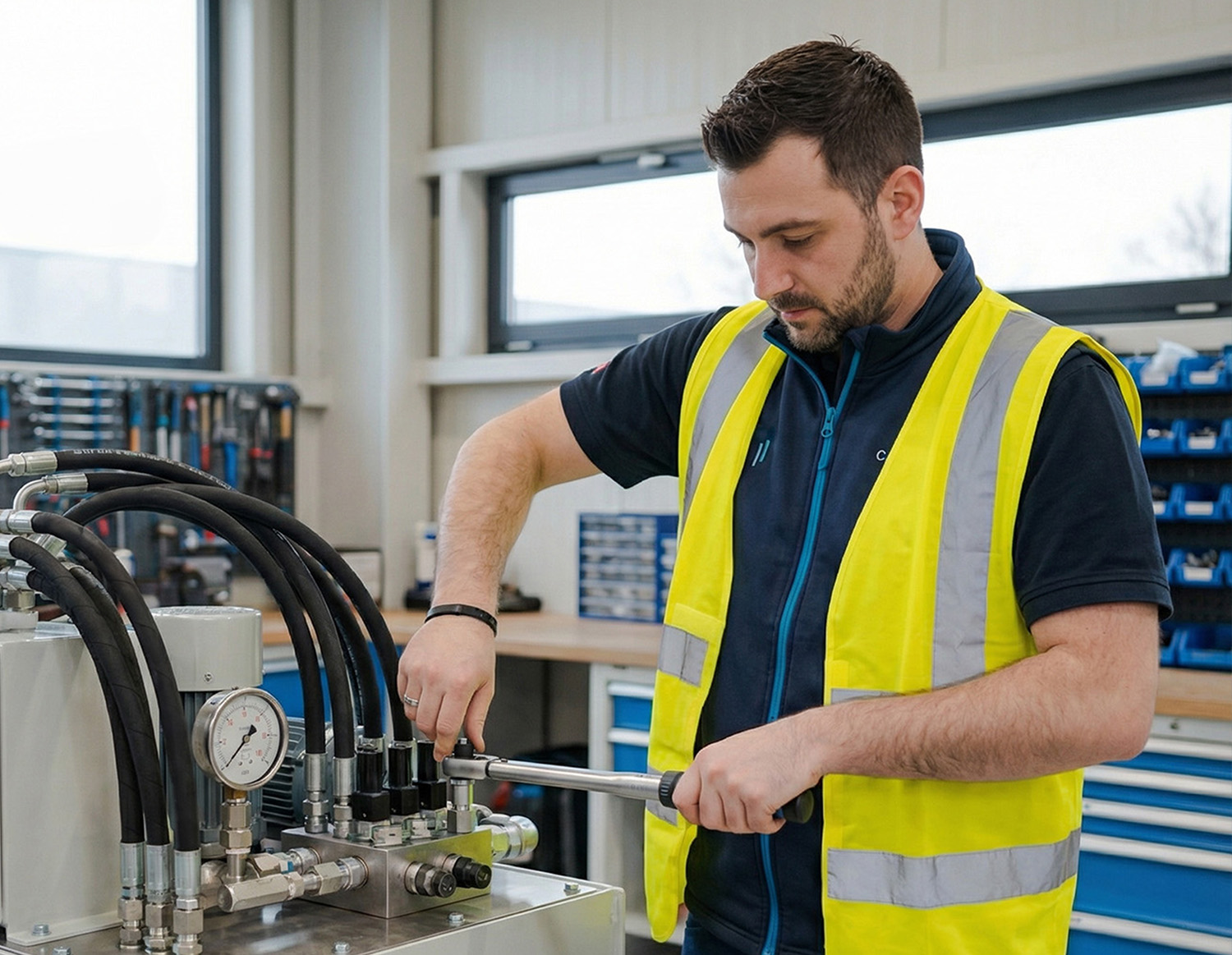 Hydraulik-Service: Techniker wartet ein Hydraulikaggregat mit Manometer und Schlauchleitungen in einer Werkstatt.