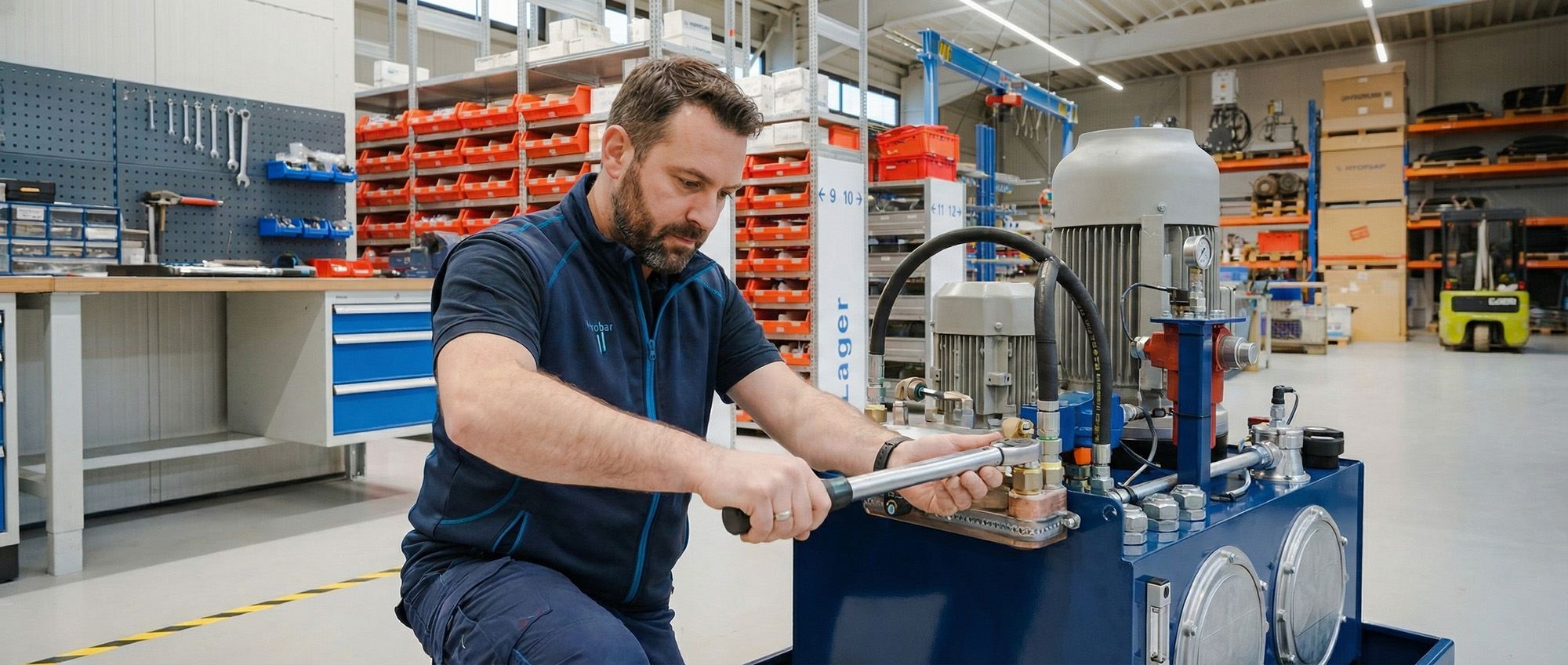 Techniker führt Wartung an einer Hydraulikanlage in einer Werkstatt durch – professioneller Hydraulik-Service für industrielle Anlagen.