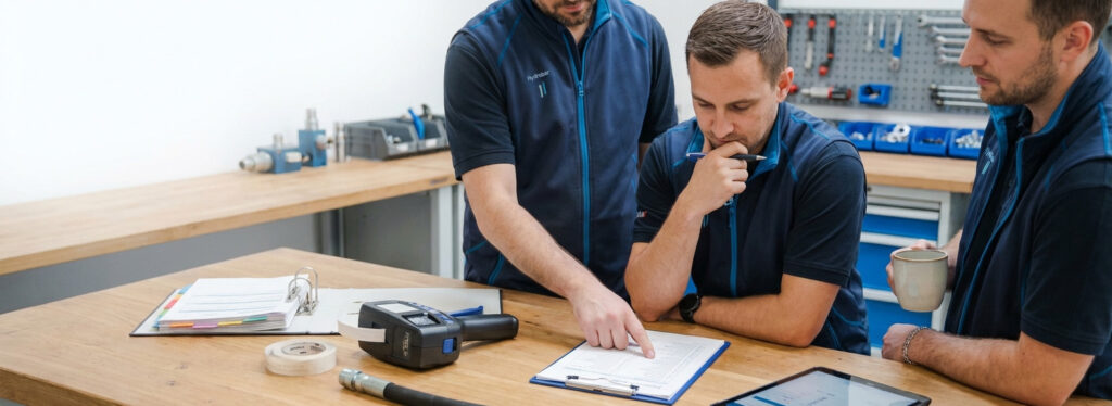 Techniker besprechen Prüfdokumentation im Hydraulik-Seminar