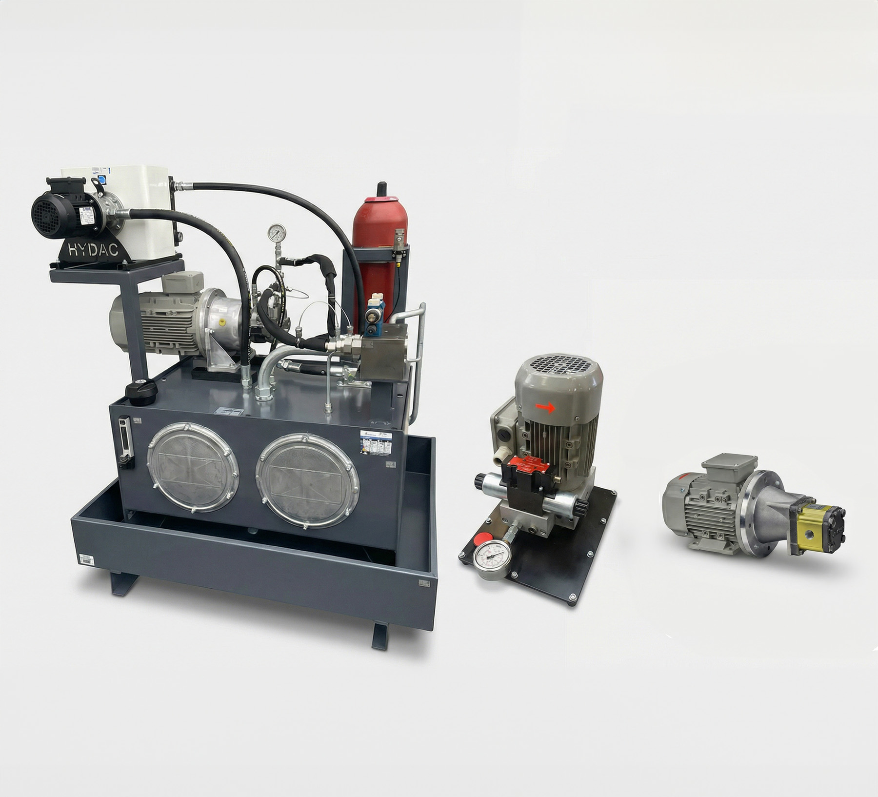 Hydraulikaggregate mit Motor, Pumpe und Hydraulikspeicher für industrielle Hydraulikanlagen.