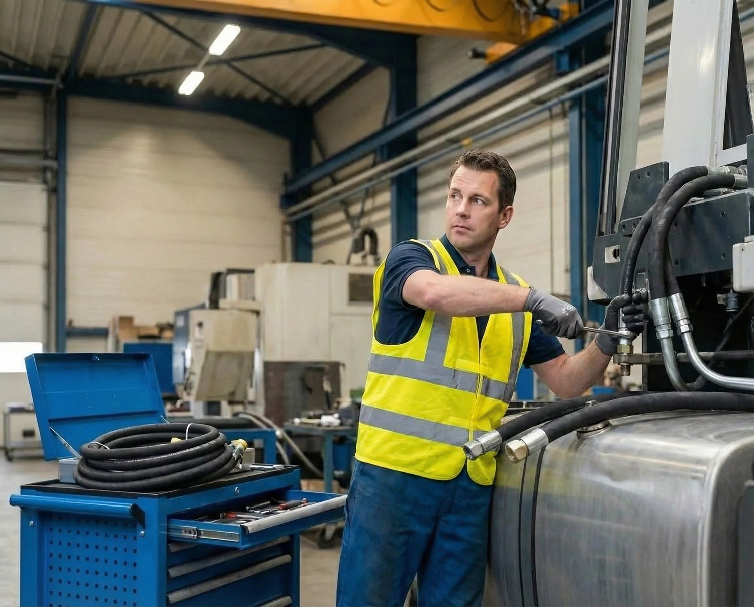 Hydraulikschlauch-Service: Techniker montiert Hydraulikschläuche an einer Industrieanlage